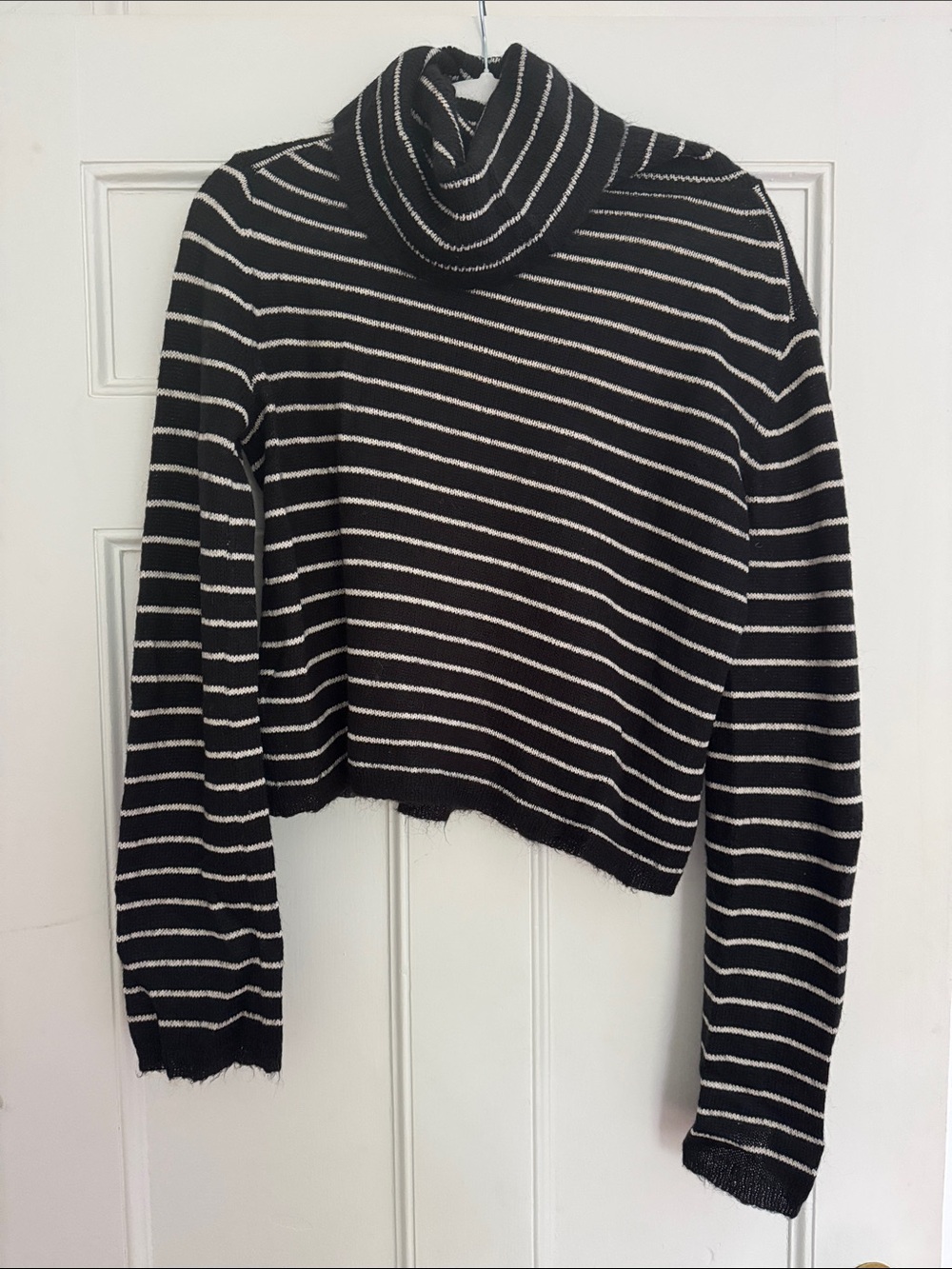 All Saints Black & White Striped Cropped Turtleneck Sweater